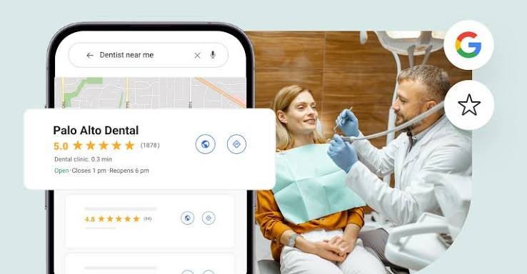 A professional feature image illustrating a compliant Google review strategy for dental practices, featuring patient review requests, five-star ratings, Google Business Profile reviews, patient scripts, review responses, and guidelines against fake reviews, incentives, and review gating.